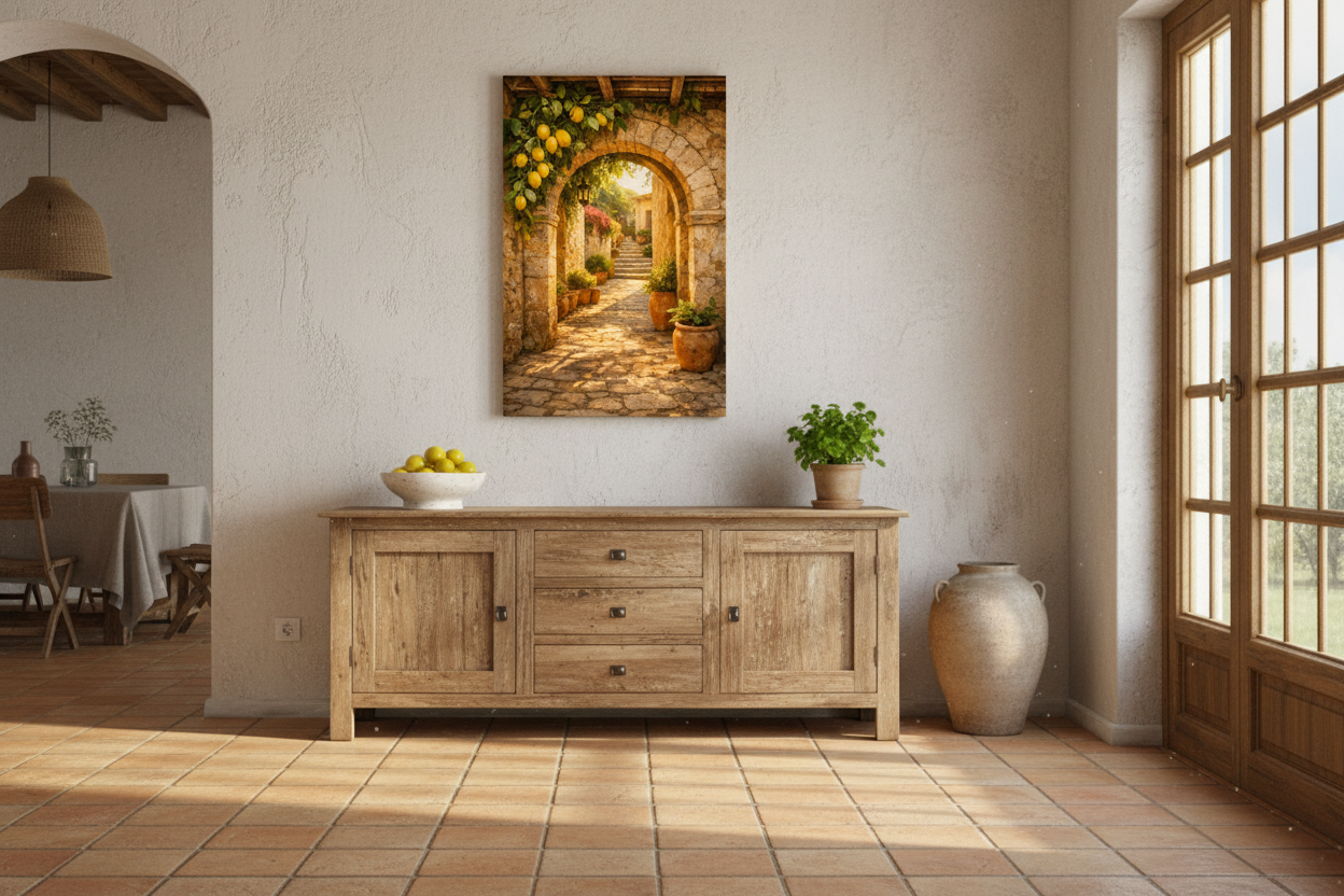 Mediterranean stone archway with lemons canvas wall art above rustic sideboard in dining room with terracotta tiles and bowl of lemons - Portugal Canvas Co