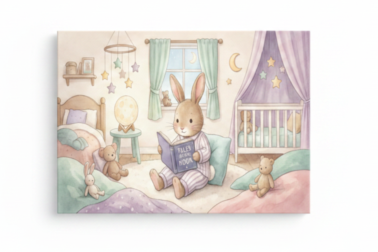 Bedtime rabbit reading nursery canvas print flat lay on white background, top-down overhead view, no frame - Portugal Canvas Co