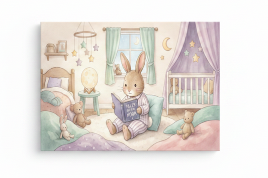 Bedtime rabbit reading nursery canvas print flat lay on white background, top-down overhead view, no frame - Portugal Canvas Co