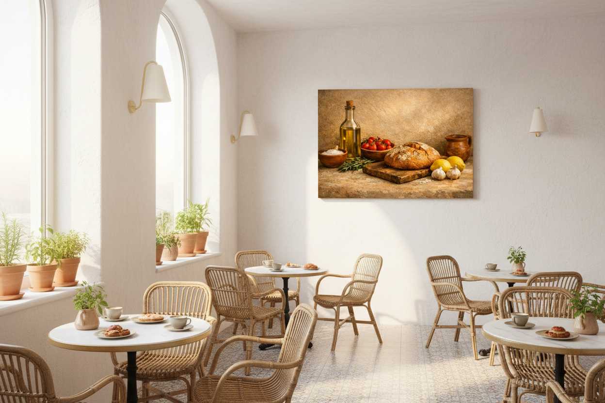 Rustic Mediterranean kitchen wall art canvas displayed in a bright Mediterranean café interior - Portugal Canvas Co
