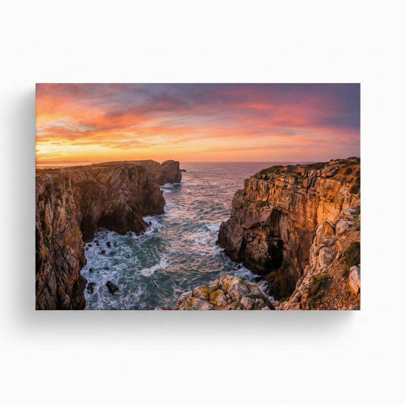 Portuguese coastal cliffs dramatic rock arch sea caves and crashing waves at vivid orange pink sunset canvas wall art on white background - Portugal Canvas Co