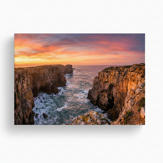 Portuguese coastal cliffs dramatic rock arch sea caves and crashing waves at vivid orange pink sunset canvas wall art on white background - Portugal Canvas Co