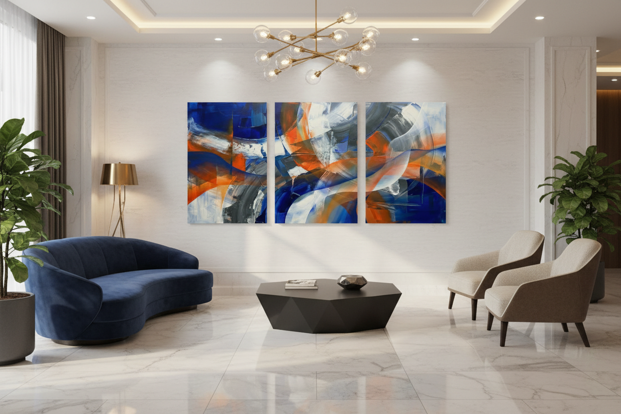 Blue and orange abstract brushstroke triptych canvas print displayed in an upscale hotel lobby - Portugal Canvas Co