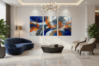 Blue and orange abstract brushstroke triptych canvas print displayed in an upscale hotel lobby - Portugal Canvas Co