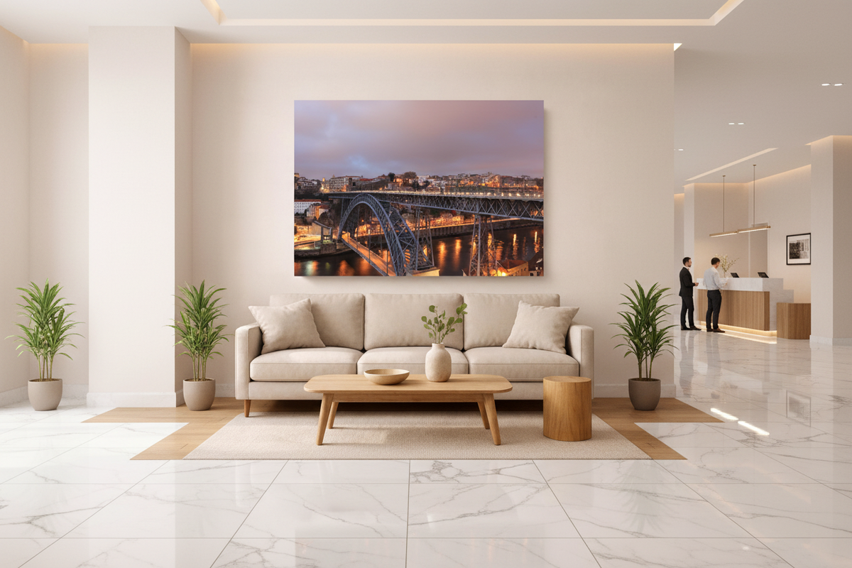 Porto Dom Luis I bridge night canvas wall art displayed in an upscale hotel lobby - Portugal Canvas Co