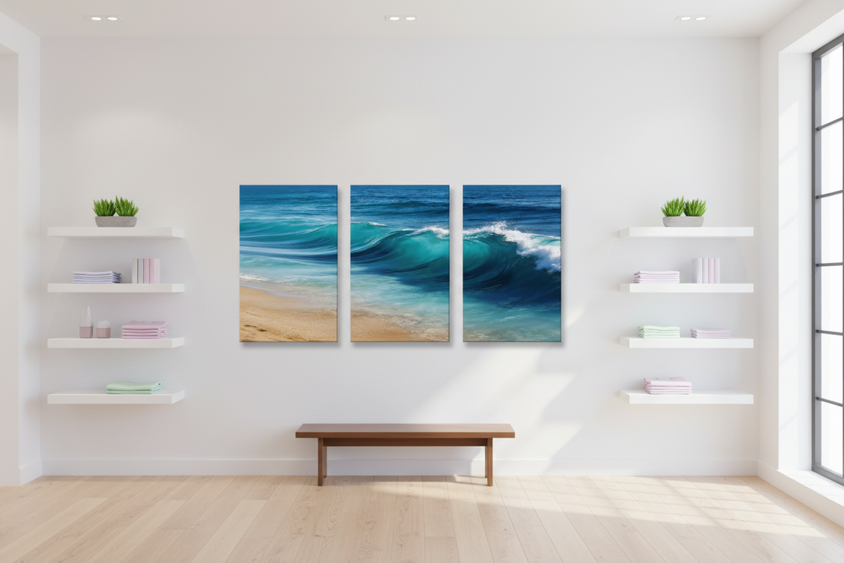 Ocean wave triptych canvas wall art displayed on the feature wall of a modern minimalist boutique retail shop - Portugal Canvas Co