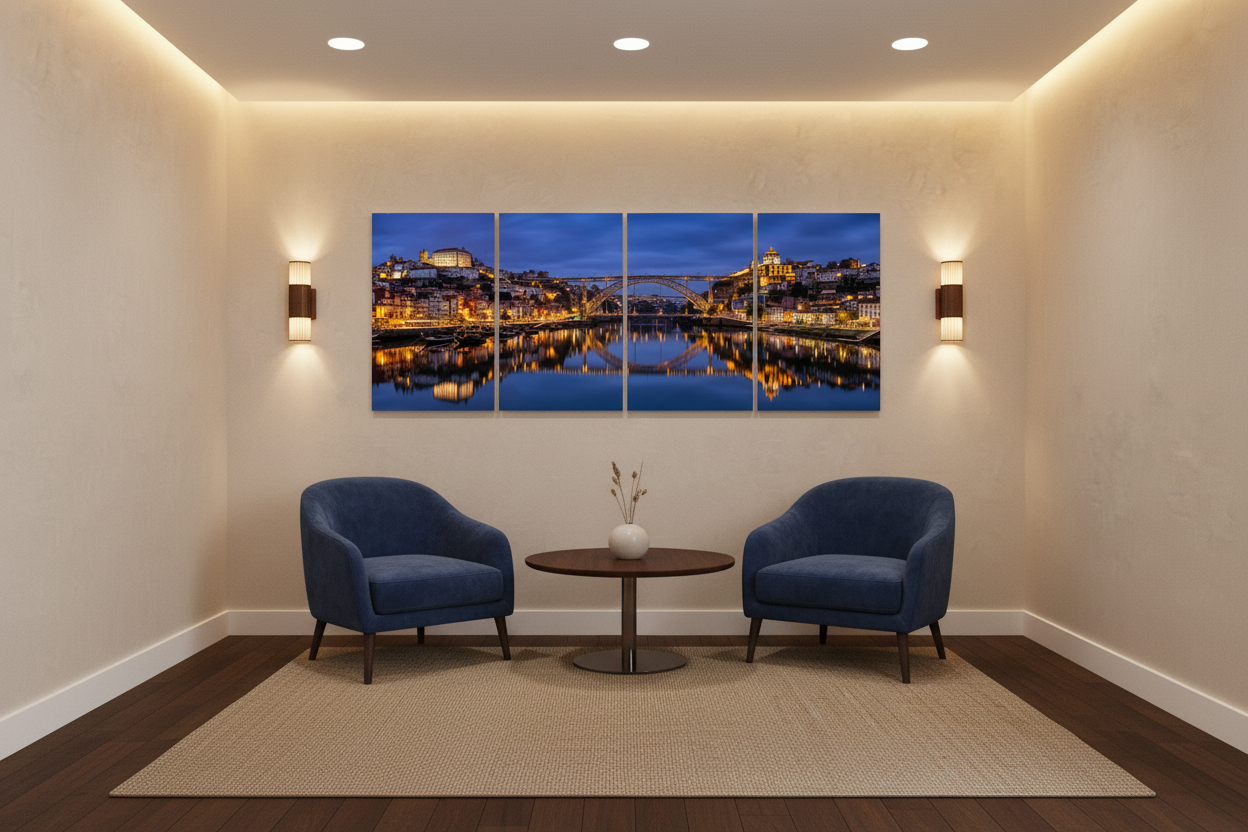 Porto Dom Luís I Bridge at night four-panel canvas wall art in an enclosed hotel meeting lounge with indirect lighting - Portugal Canvas Co