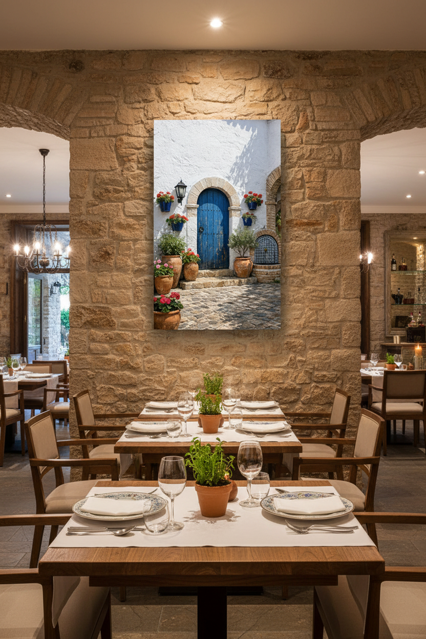Mediterranean blue door courtyard canvas wall art with terracotta pots and red geraniums displayed in an upscale restaurant dining room with stone walls and elegant table settings - Portugal Canvas Co