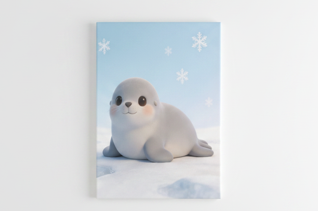 Cute baby seal nursery canvas wall art flat lay on white background, overhead view, landscape format - Portugal Canvas Co