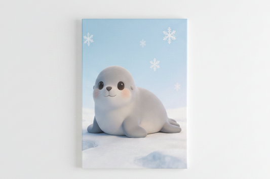 Cute baby seal nursery canvas wall art flat lay on white background, overhead view, landscape format - Portugal Canvas Co