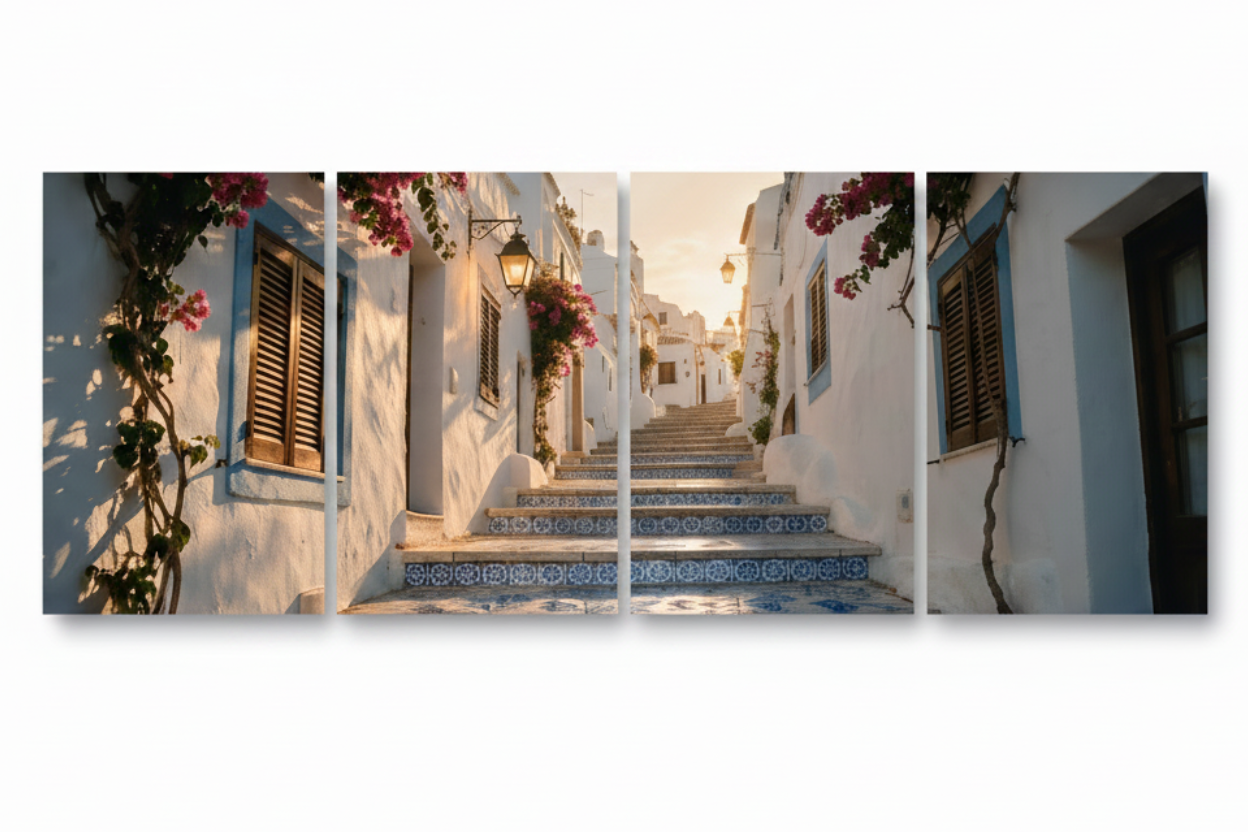 Four-panel Albufeira Azulejo tiled steps canvas wall art on a pure white background - Portugal Canvas Co