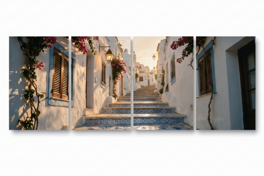Four-panel Albufeira Azulejo tiled steps canvas wall art on a pure white background - Portugal Canvas Co