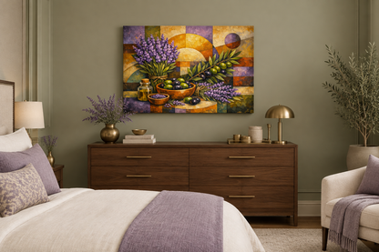 Lavender and olive mosaic still life gallery-wrapped canvas in sage bedroom - Portugal Canvas Co