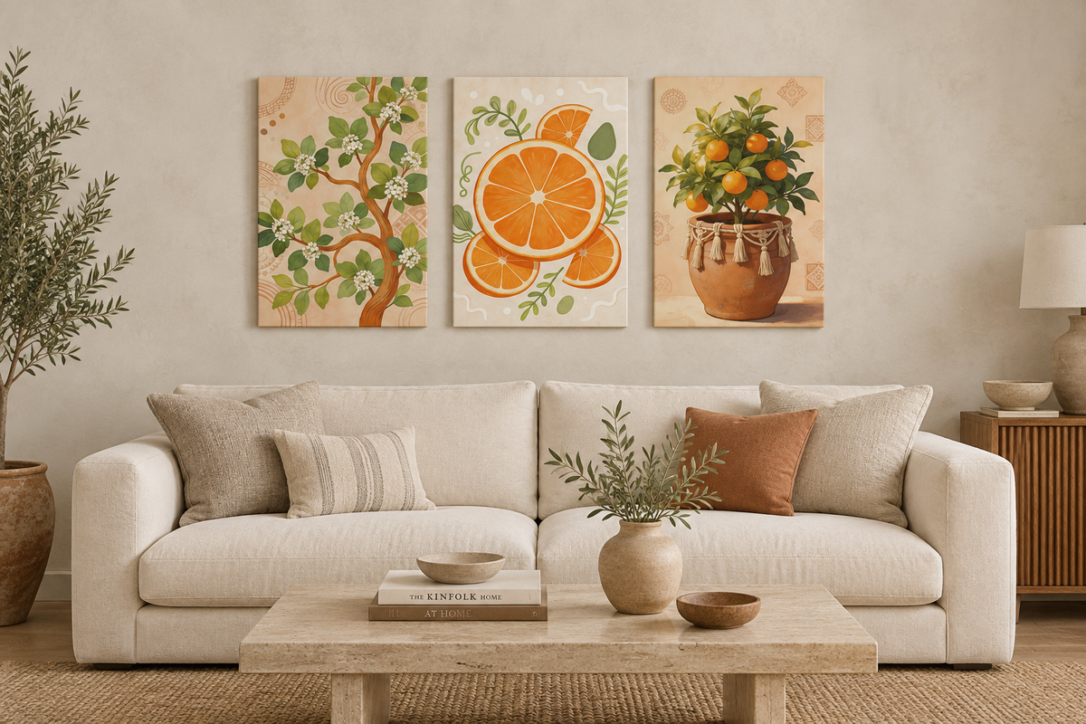 Three-piece orange citrus canvas set above a cream sofa in a Mediterranean living room - Portugal Canvas Co