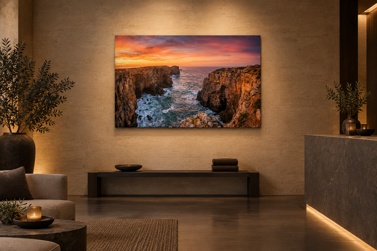 Algarve sunset cliffs canvas on a warm limestone wall in a high-end coastal spa - Portugal Canvas Co