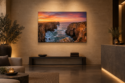 Algarve sunset cliffs canvas on a warm limestone wall in a high-end coastal spa - Portugal Canvas Co