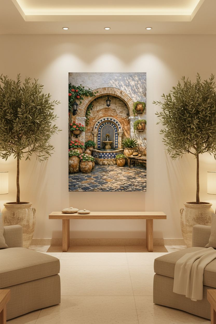 Mediterranean courtyard fountain canvas wall art displayed on a white wall in a bright spa reception area with natural linen textures and potted olive trees - Portugal Canvas Co