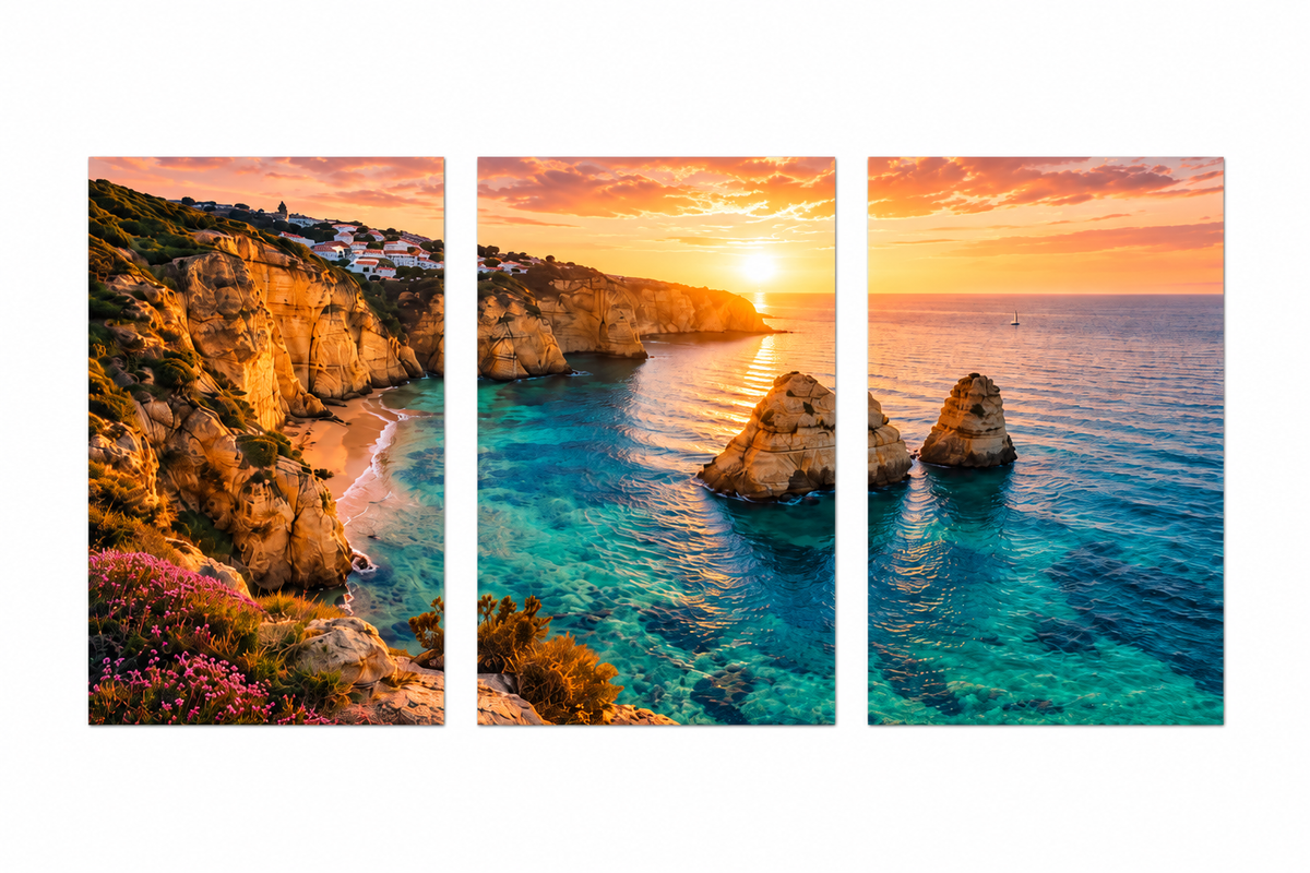 Algarve golden cliffs, sea stacks and turquoise sea sunset three-panel canvas laid flat on white - Portugal Canvas Co
