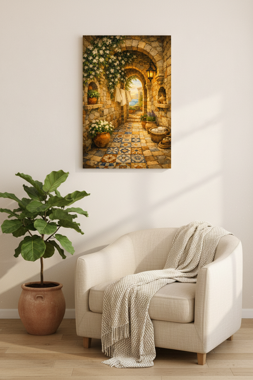 Mediterranean stone archway canvas wall art with jasmine flowers and mosaic tile floor displayed in a cosy reading nook with linen armchair and woven throw - Portugal Canvas Co
