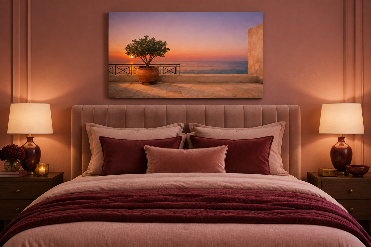 Mediterranean terrace at sunset canvas print above a bed in a rose and burgundy bedroom - Portugal Canvas Co