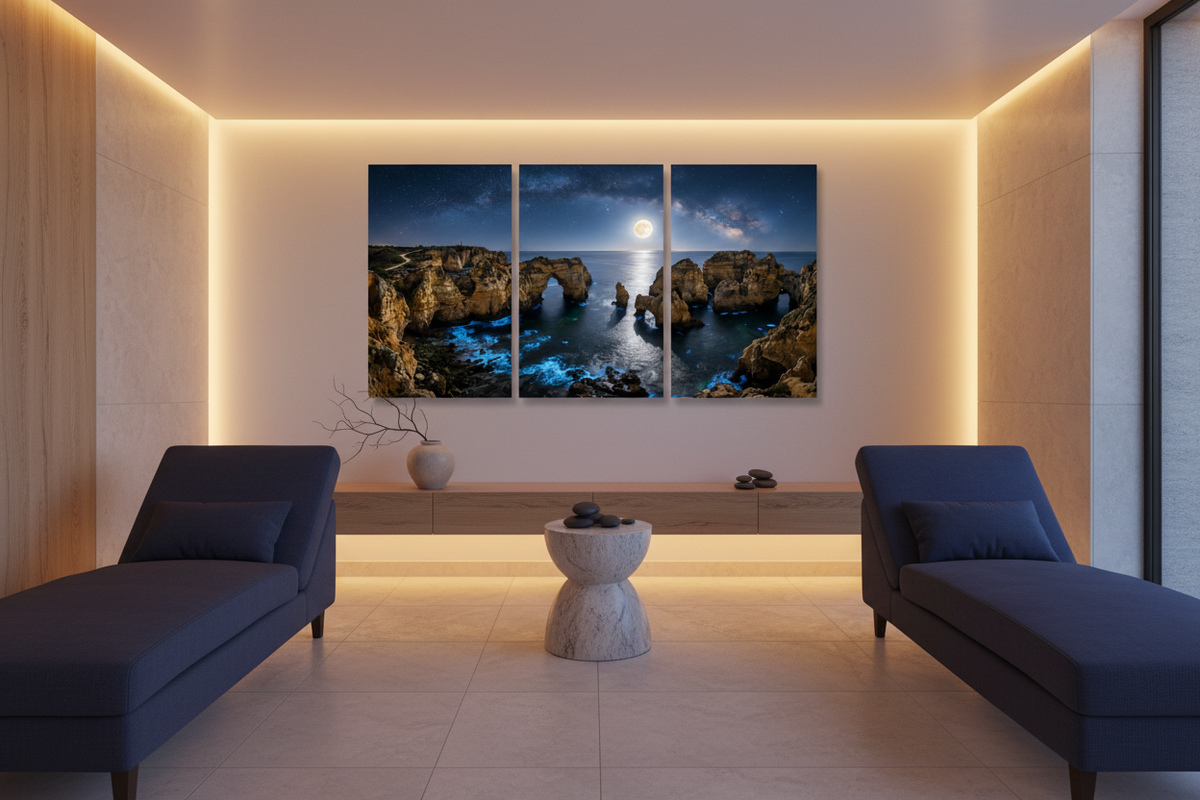 Moonlit Algarve coast canvas triptych in a five-star hotel spa lounge - Portugal Canvas Co