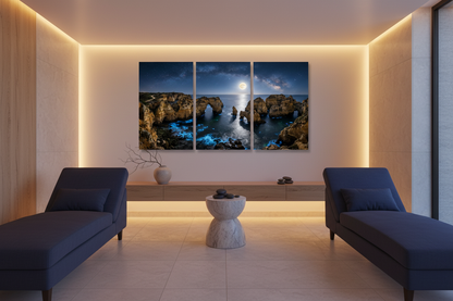 Moonlit Algarve coast canvas triptych in a five-star hotel spa lounge - Portugal Canvas Co