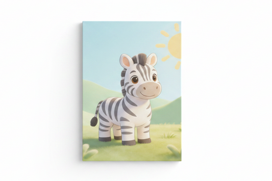 Cute baby zebra nursery canvas wall art flat lay on white background, no frame, overhead view - Portugal Canvas Co
