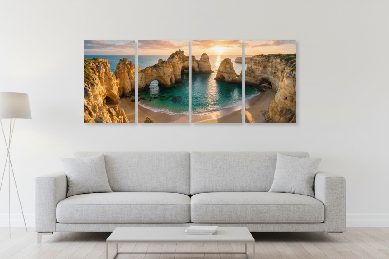 Ponta da Piedade Algarve golden sunset four-panel canvas wall art above wide sofa in contemporary living room with white walls and warm lamp lighting - Portugal Canvas Co