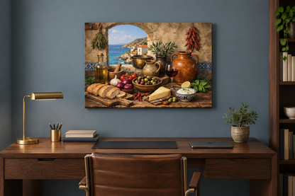 Mediterranean coastal still life canvas displayed in a blue home office - Portugal Canvas Co