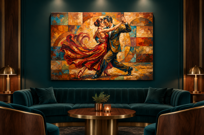 Geometric red dress tango canvas displayed in a luxury cocktail lounge - Portugal Canvas Co