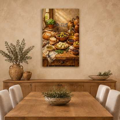 Mediterranean olives, feta and bread still-life canvas above an oak sideboard in a warm neutral dining room - Portugal Canvas Co