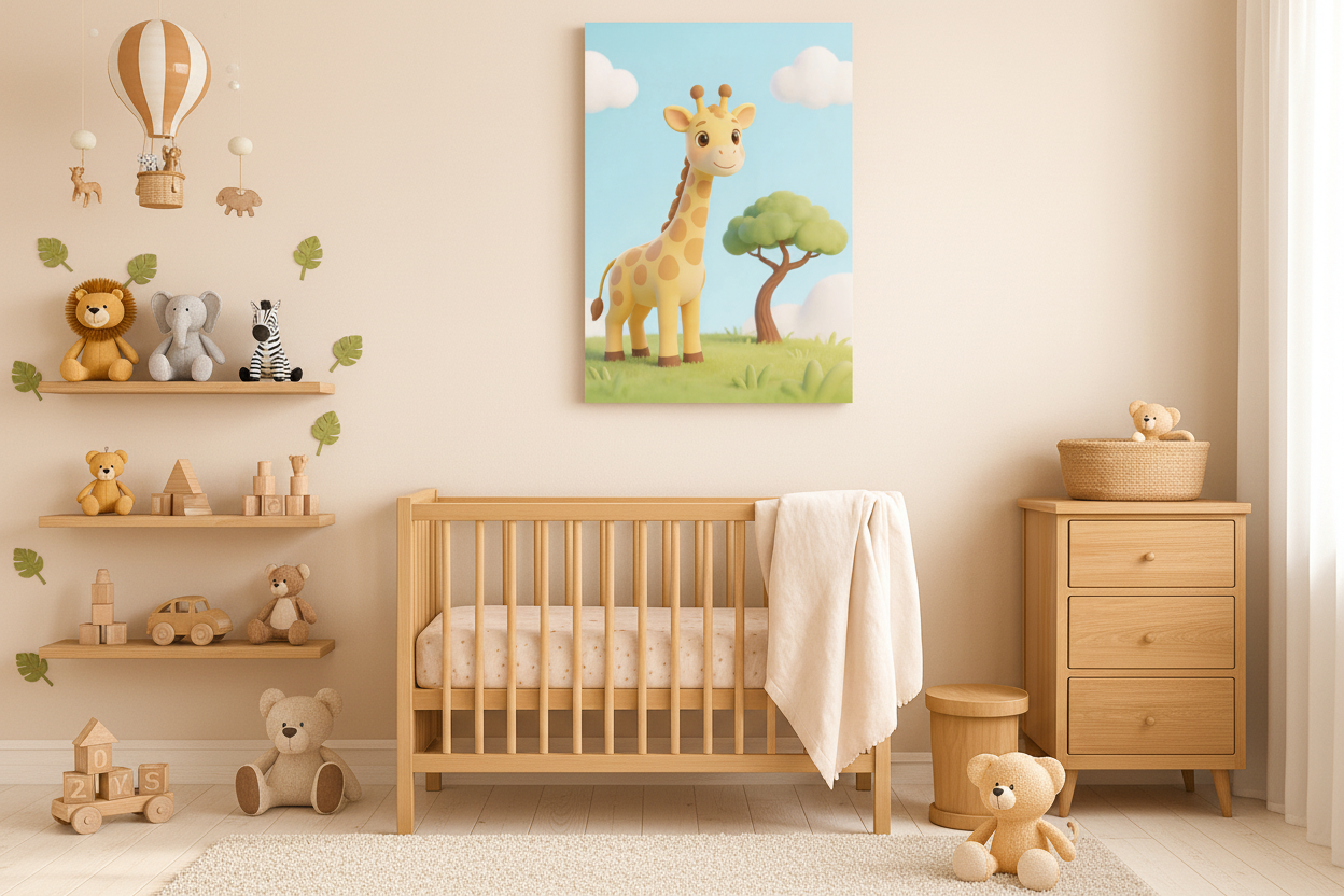 Cute giraffe canvas wall art displayed in a bright children's bedroom with safari decor - Portugal Canvas Co