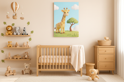Cute giraffe canvas wall art displayed in a bright children's bedroom with safari decor - Portugal Canvas Co