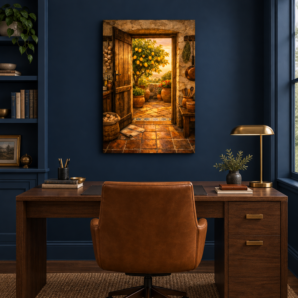 Rustic doorway and lemon tree canvas wall art in a navy blue home office - Portugal Canvas Co