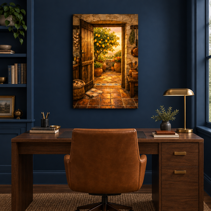Rustic doorway and lemon tree canvas wall art in a navy blue home office - Portugal Canvas Co