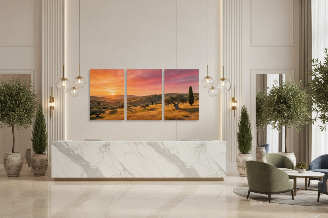 Mediterranean golden sunset olive grove triptych canvas wall art in elegant hotel lobby reception area - Portugal Canvas Co