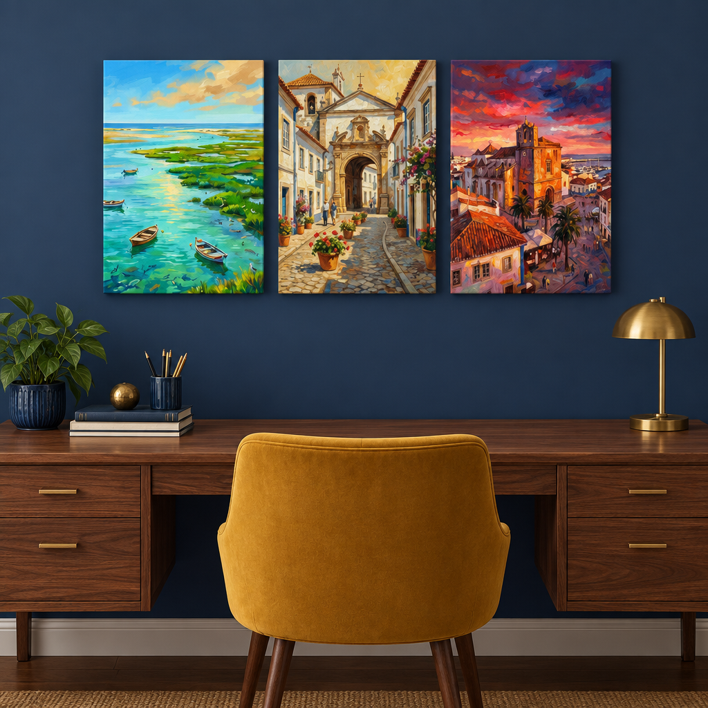 Faro three-panel canvas set with lagoon boats, an old town arch and sunset church in a navy blue study - Portugal Canvas Co