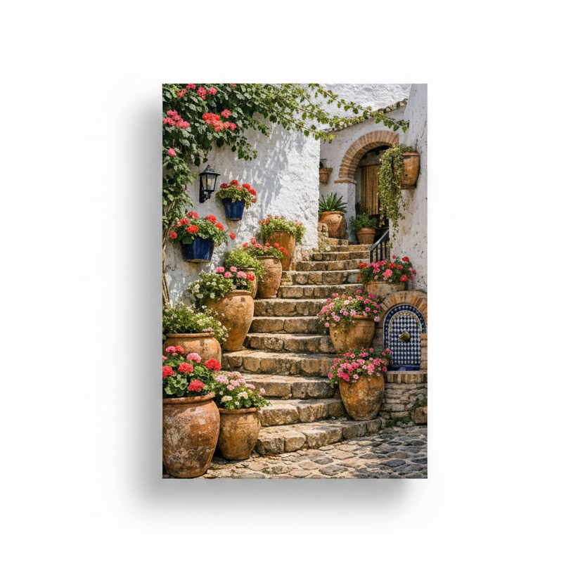 Mediterranean staircase canvas print with terracotta pots and pink geraniums on white background - Portugal Canvas Co
