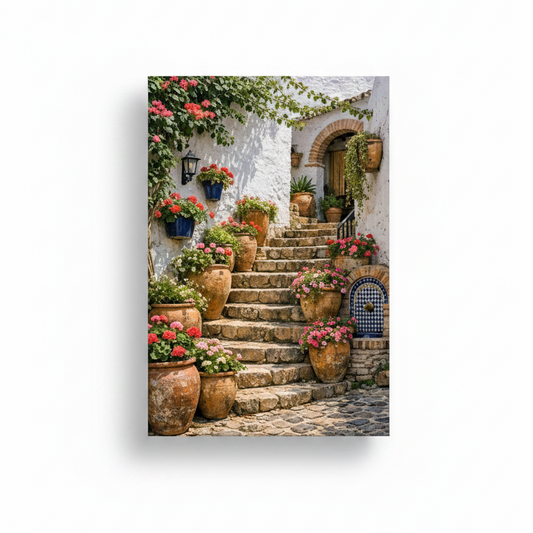 Mediterranean staircase canvas print with terracotta pots and pink geraniums on white background - Portugal Canvas Co