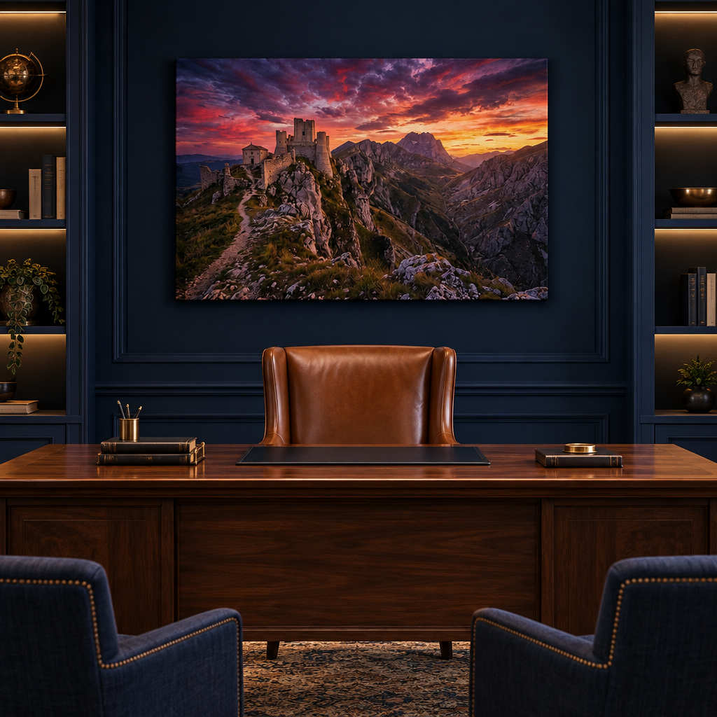 Mountain castle sunset canvas displayed in a navy home study with walnut desk - Portugal Canvas Co