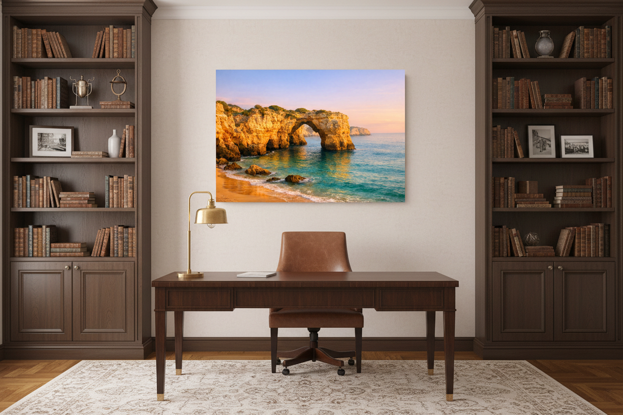 Praia da Marinha Algarve golden limestone stone arch over turquoise water canvas wall art displayed in a sophisticated home study with warm lamp lighting - Portugal Canvas Co