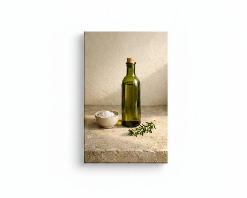 Olive oil bottle rosemary still life canvas wall art on white background - Portugal Canvas Co