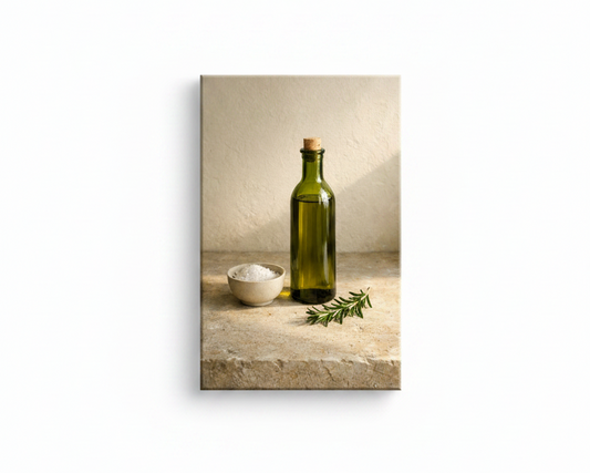 Olive oil bottle rosemary still life canvas wall art on white background - Portugal Canvas Co