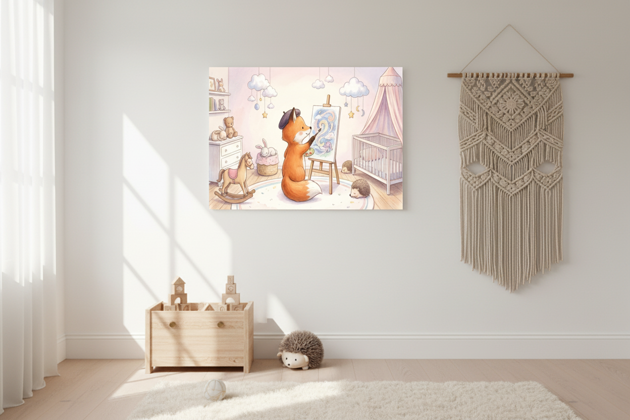 Whimsical fox artist nursery canvas print on cream boho nursery wall above wooden toy chest - Portugal Canvas Co