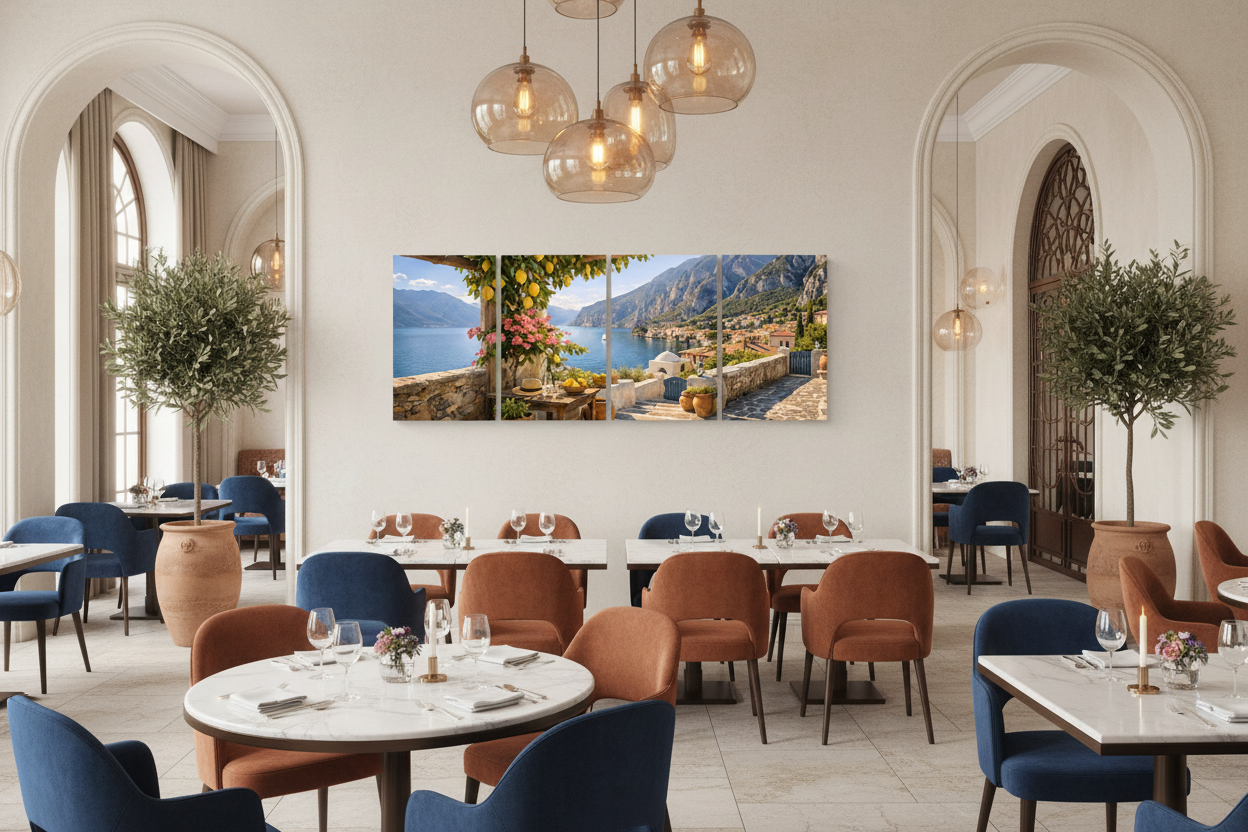 Hidden Mediterranean cove four-panel canvas wall art displayed in a high-end restaurant dining room with warm pendant lighting and marble tables - Portugal Canvas Co