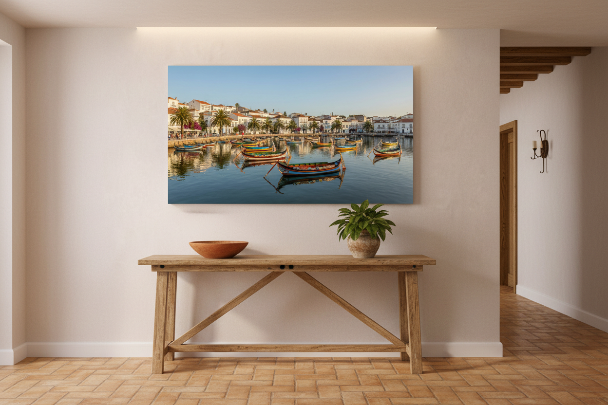 Traditional Portuguese fishing boats colourful harbour canvas wall art displayed in a warm rustic hallway entryway - Portugal Canvas Co