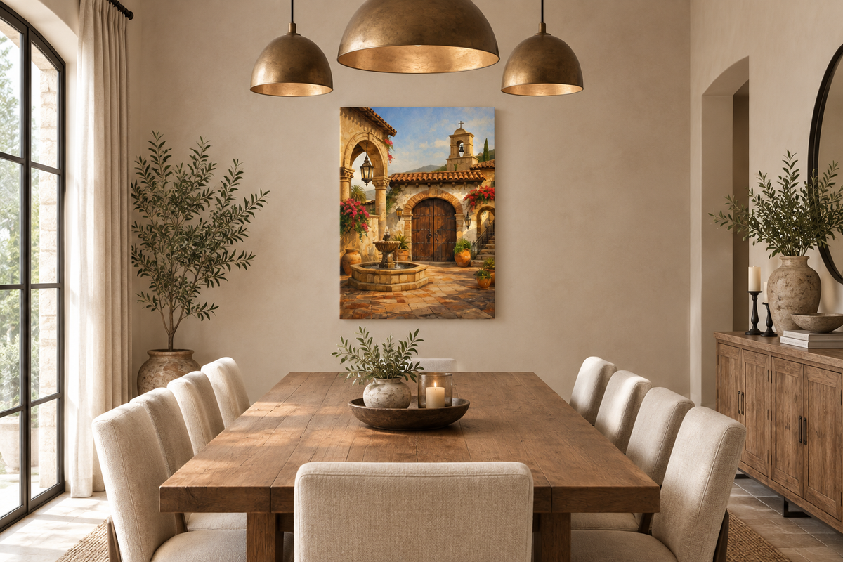 Mediterranean stone courtyard canvas wall art above a wooden dining table in an elegant dining room - Portugal Canvas Co