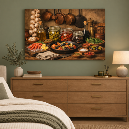 Mediterranean ingredients still-life canvas above an oak dresser in a sage green bedroom - Portugal Canvas Co