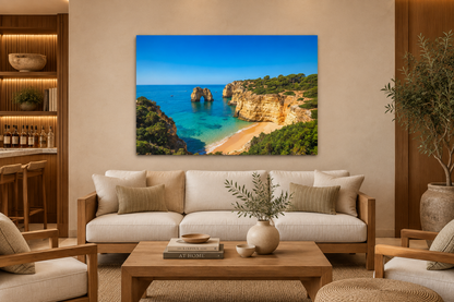 Algarve rock arch beach canvas above a linen sofa in a private club lounge - Portugal Canvas Co