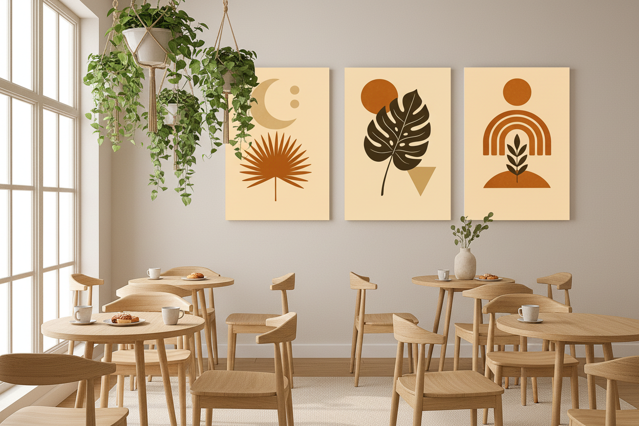 Modern boho botanical triptych canvas wall art set displayed on the wall of a bright modern boho café with wooden furniture and hanging plants - Portugal Canvas Co